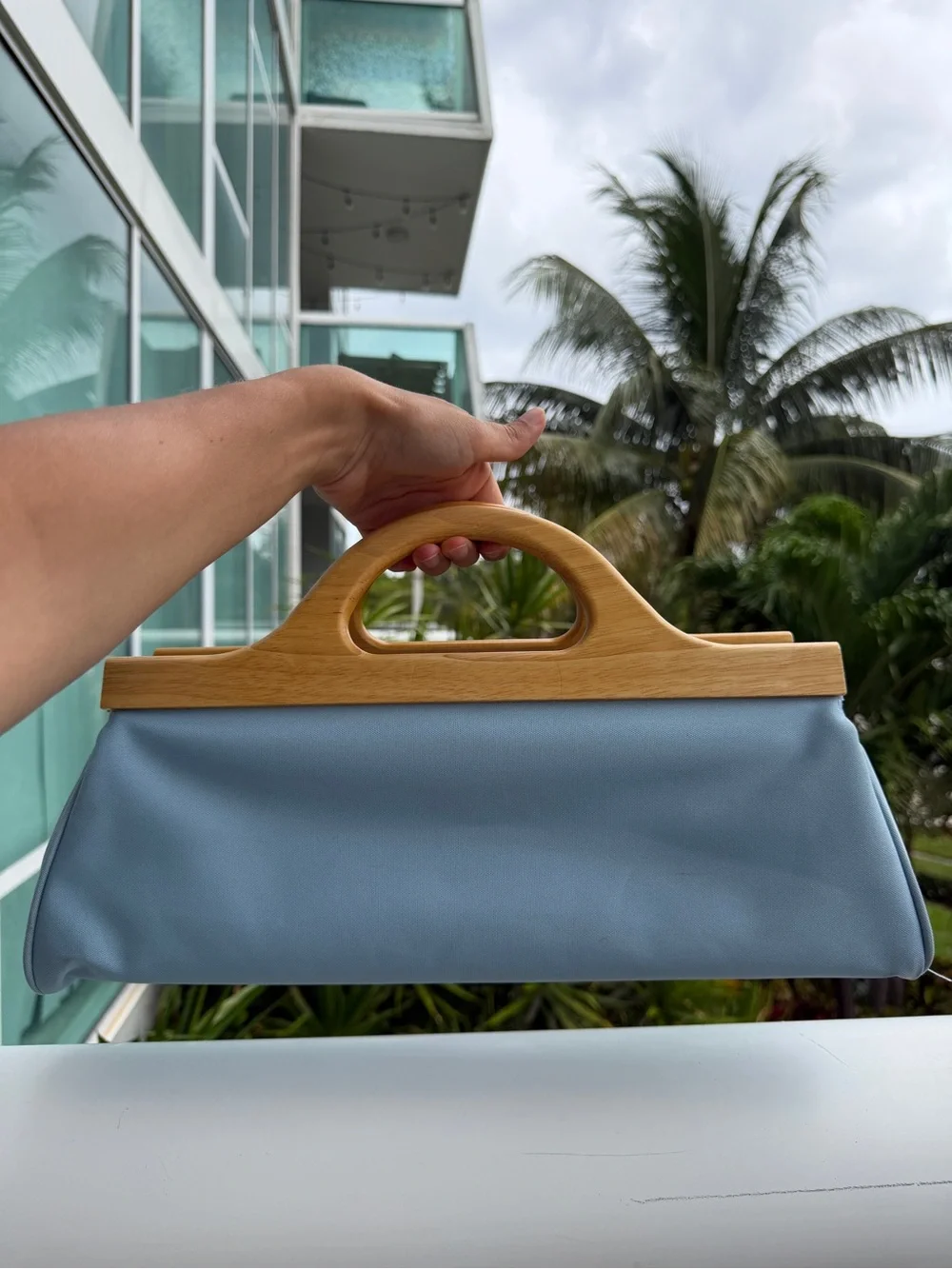 Vintage MCM Wood Handle Handbag Blue Canvas Purse Minimalist Mod Statement Bag